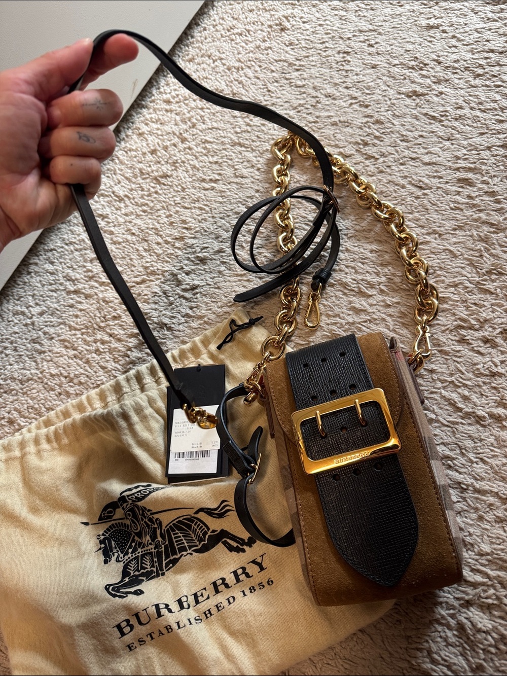 Burberry Brown and Black Buckle Phone Pouch with Gold Chain Strap - Picture 2 of 7